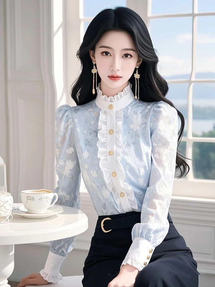 Blue Floral Chiffon Shirt with - Winter Clothing Factory Outlet 评论和价格