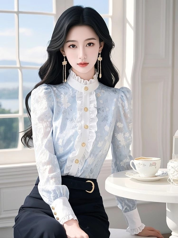 Blue Floral Chiffon Shirt with - Winter Clothing Factory Outlet 评论和价格