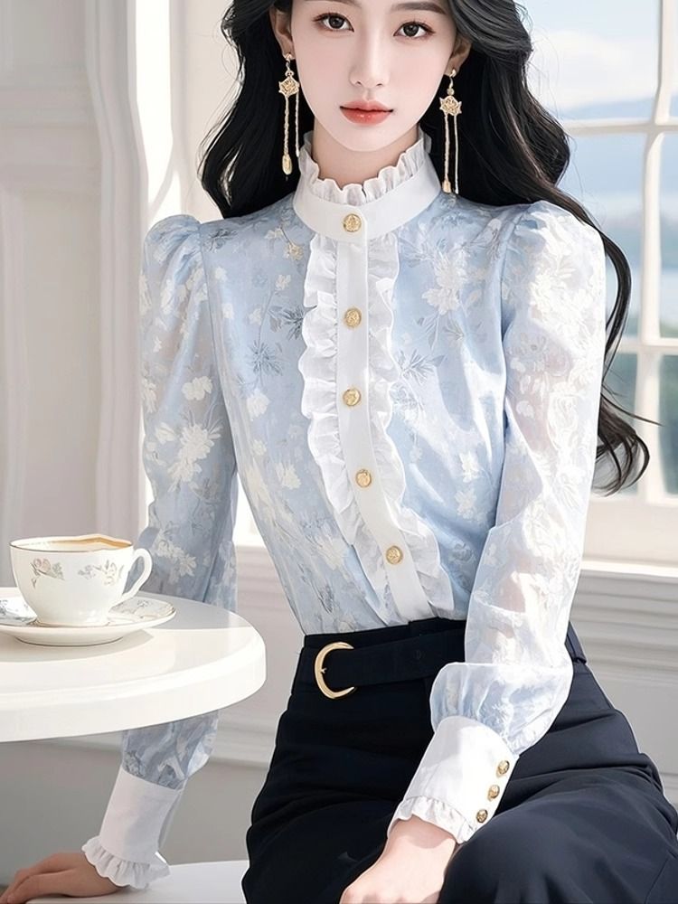 Blue Floral Chiffon Shirt with - Winter Clothing Factory Outlet 评论和价格