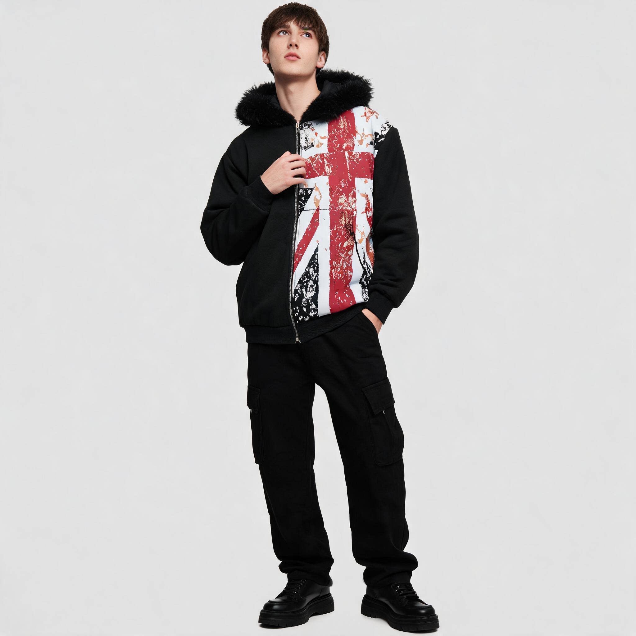 Vintage UK Flag Print Zip Hood - Winter Clothing Uk 评论和价格