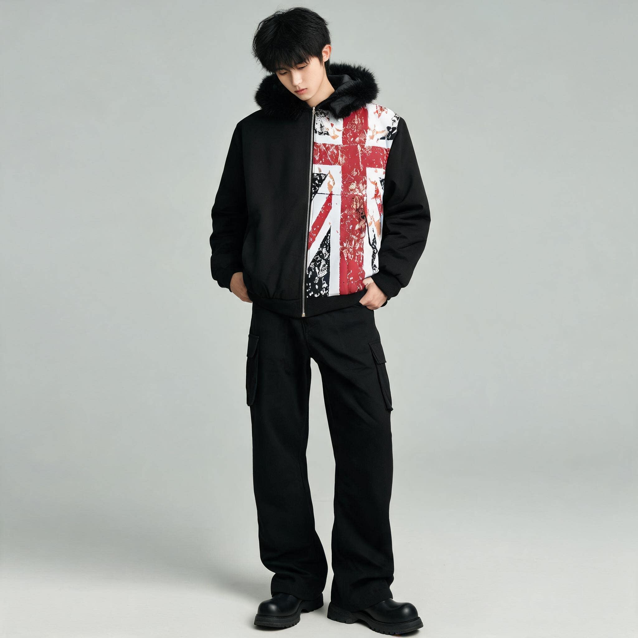 Vintage UK Flag Print Zip Hood - Winter Clothing Uk 评论和价格