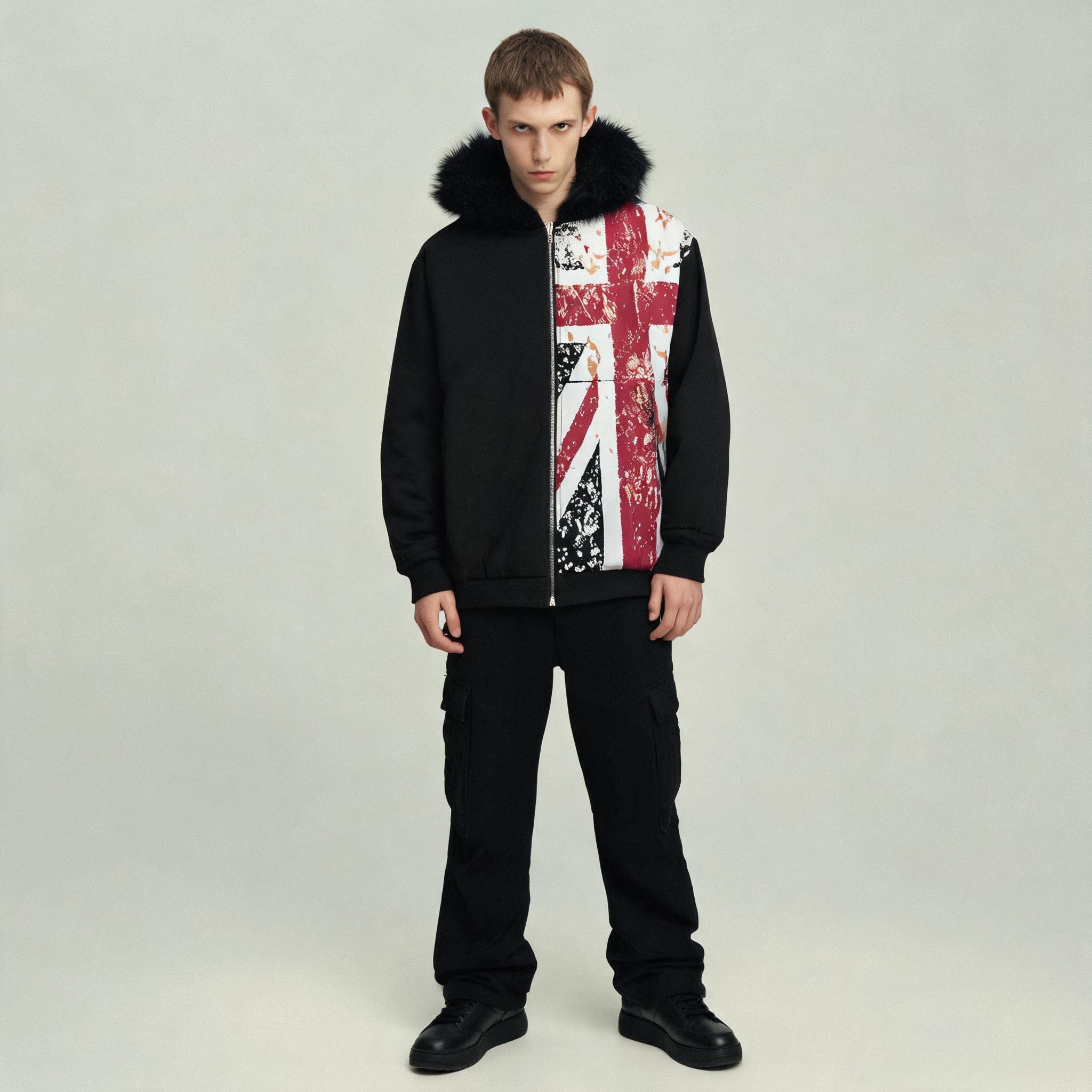 Vintage UK Flag Print Zip Hood - Winter Clothing Uk 评论和价格