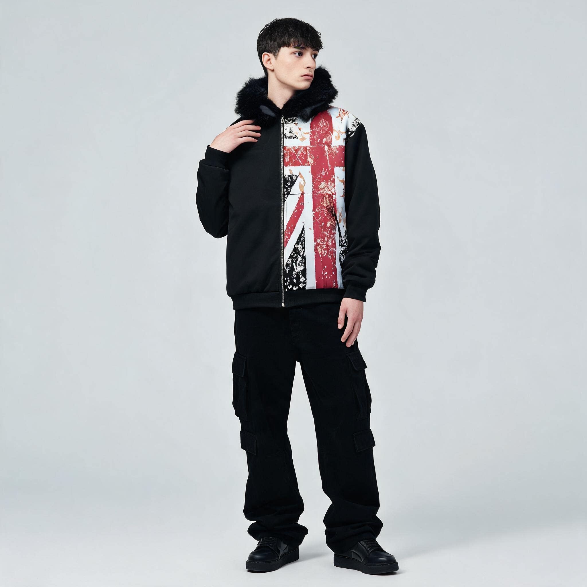 Vintage UK Flag Print Zip Hood - Winter Clothing Uk 评论和价格